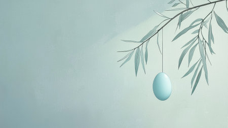 A soft blue egg dangles from a slender branch adorned with gentle leaves, set against a calming, muted background that evokes a serene atmosphere.の素材