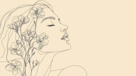 A delicate line drawing captures a serene woman with closed eyes, embracing flowers with a gentle expression. The artwork features soft pastel tones creating a calming ambiance.の素材