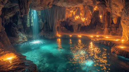 Vivid underground cave showcases a serene pool of water with glowing lights illuminating majestic rock formations, while a soothing waterfall cascades down nearby.の素材