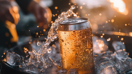 A can of refreshing beverage is nestled in a bed of ice, droplets glistening under soft evening light, suggesting a cheerful summer gathering about to begin.の素材