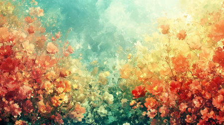 A lush garden filled with blooming flowers in shades of orange, pink, and yellow creates a dreamy atmosphere during sunset. The soft light enhances the colors and textures.の素材