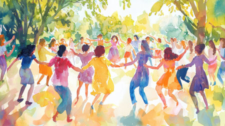 Groups of people are dancing together in a colorful, vibrant manner under the warm sunlight in a lush park. The atmosphere is filled with joy and community spirit, as participants celebrate.の素材