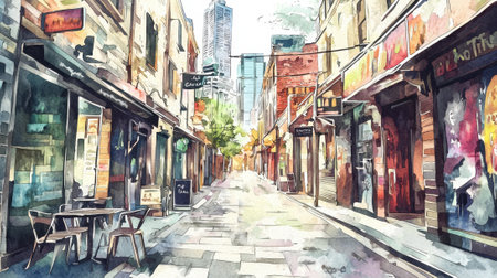An artistic alleyway filled with colorful street art and empty cafe tables, surrounded by modern buildings in the background under bright sunlight.の素材