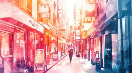 A busy alleyway filled with shops and cafes showcases people walking leisurely. Sunlight filters through tall buildings, creating a bright and inviting atmosphere.の素材