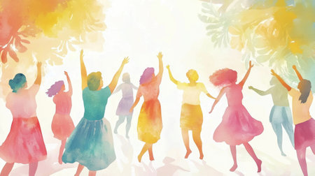 A group of women joyfully dances together in a lush, colorful environment, surrounded by whimsical trees and radiant sunlight. Their diverse expressions evoke happiness and freedom.の素材