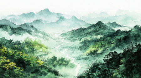 A serene landscape showcases lush green mountains blanketed in mist during early morning hours. A gentle river weaves through the valley, enhancing the tranquil scenery.の素材