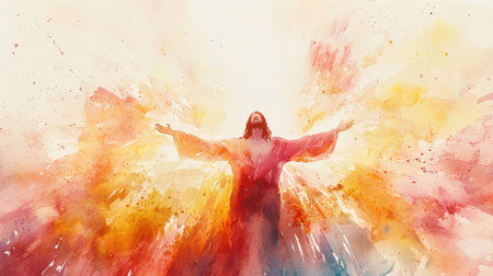 A religious figure stands with arms raised, emanating a sense of peace and joy. The vibrant colors of orange, yellow, and red create an atmosphere of hope and spirituality.の素材