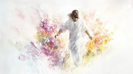 A figure resembling Jesus is seen walking through a lush and vibrant landscape. The background is filled with blooming flowers and soft colors, creating a serene atmosphere of hope.の素材