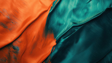 Silk fabric showcasing a stunning combination of orange and teal colors is displayed beautifully, capturing the light and enhancing the overall ambiance of the textile event.の素材