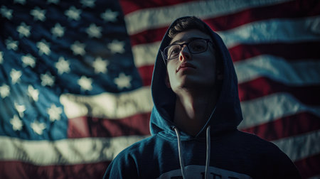 A young person wearing a hoodie gazes upward in admiration, with an American flag displayed them, highlighting a moment behind contemplation and pride in a nighttime setting.の素材
