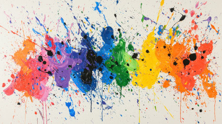 A canvas filled with an explosion of colors creates a lively artwork. Various shades including blue, green, red, and yellow intermingle in an abstract design, showing artistic splatter techniques.の素材