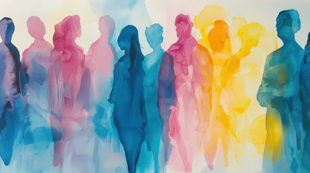 Silhouettes of various figures are layered in shades of blue, pink, and yellow, creating an abstract portrayal of diversity in an artistic setting.の素材