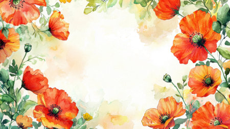 Bright orange poppies bloom vividly against a soft, pastel backdrop, showing delicate greenery. This floral arrangement offers a cheerful vibe and a pleasing aesthetic.の素材