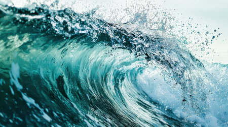 A powerful wave rolls towards the beach under a clear blue sky. The sunlight reflects off the water, highlighting the vibrant blue tones and the dynamic splashes created by the crashing surf.の素材