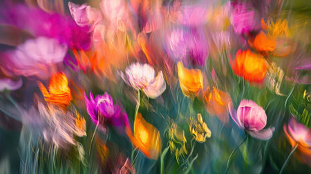 A delightful array of colorful flowers is in full bloom, swaying gently in the spring breeze. The bright hues create a cheerful atmosphere in the garden on a sunny afternoon.の素材