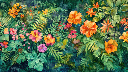 A lush tropical garden filled with a variety of vibrant flowers in shades of orange, pink, and yellow surrounded by rich green foliage creating a serene atmosphere.の素材