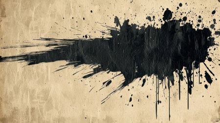 A bold black ink splatter extends across a textured beige background. The organic shape provides a striking contrast, suitable for artistic applications and creative projects.の素材