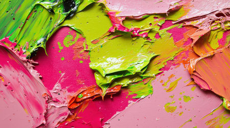 Bright hues of pink, green, and orange blend together on canvas, showing a rich texture created by thick layers of acrylic paint spread in an abstract manner.の素材