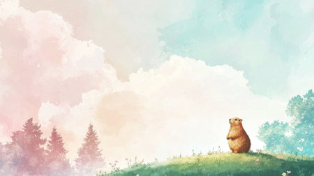 A charming marmot gazes into the distance while standing on a lush green hill. The sky is filled with soft pastel colors and fluffy clouds at dusk, creating a peaceful atmosphere.の素材