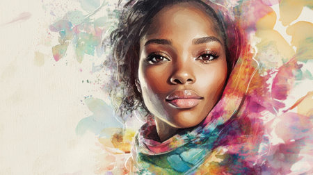 A young woman gazes confidently, adorned with a colorful scarf that blends harmoniously with soft floral patterns. The setting conveys a serene artistic vibe typically found in creative spaces.の素材