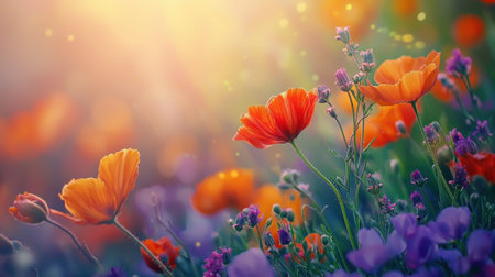 Colorful wildflowers display a stunning array of orange and purple hues under warm sunlight. The scene reflects the tranquility of a spring afternoon in nature.の素材