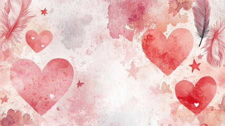 A vibrant design featuring various shades of red hearts surrounded by delicate feathers and stars. The soft textures evoke feelings of love and celebration, ideal for romantic occasions.の素材