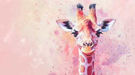 A vibrant portrait of a giraffe features its long neck and distinctive spots, set against a soft pink and colorful background that emphasizes its giant eyes and gentle smile.の素材