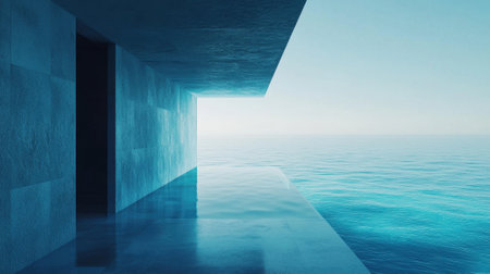 This stunning oceanfront structure features sleek lines and a minimalist design, seamlessly blending with calm blue waters under a clear sky. The tranquil atmosphere invites relaxation.の素材