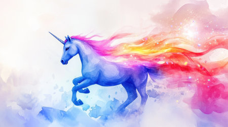 A stunning blue unicorn gallops gracefully through a vibrant mist filled with hues of pink, orange, and purple. The atmosphere feels enchanting and surreal.の素材