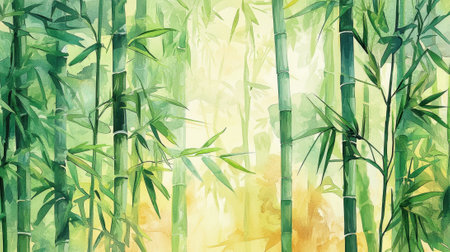 Sunlight gently penetrates the dense bamboo grove, creating beautiful patterns of light and shadow among the tall, green stalks and delicate leaves in the tranquil setting.の素材