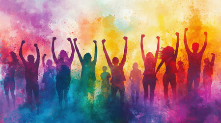 Participants raise their arms in joy during a vibrant community gathering at sunset, surrounded by colorful splashes of paint representing unity and celebration.の素材