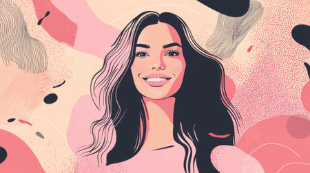 A woman with long, flowing hair smiles broadly amidst a vibrant, abstract backdrop filled with soft shapes and colors, embodying happiness and creativity in this artwork.の素材