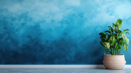 A chic indoor space showcases a large green plant in a woven basket placed beside a stunning gradient blue wall, blending elegance and tranquility in design.の素材