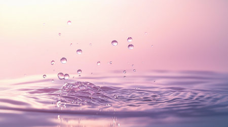 Delicate water droplets splash in a gentle manner, creating ripples in the water's surface against a calming pastel backdrop at dusk.の素材