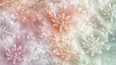 A vibrant display of intricate floral patterns unfolds in soft pastel colors, creating an ethereal atmosphere. The design features swirling forms and textures that evoke a sense of calm and beauty.の素材