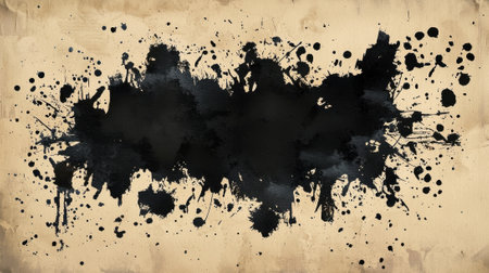 Dark ink splatters create a captivating abstract composition on a light, textured surface, showing an interplay of shapes and forms that evoke creativity and dynamism.の素材