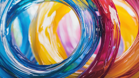 Brightly colored glass rings intertwine, creating a dynamic visual effect. The arrangement showcases various hues, highlighting artistic craftsmanship and creativity.の素材