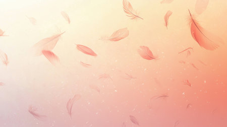 Delicate pastel feathers float gently in a soft gradient background during the tranquil early morning. The serene atmosphere evokes a sense of calm and lightness.の素材