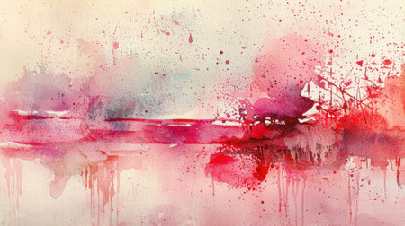 A vibrant mix of pink, red, and blue hues creates an abstract watercolor piece. The soft brush strokes and splashes evoke a sense of fluid motion and creativity.の素材