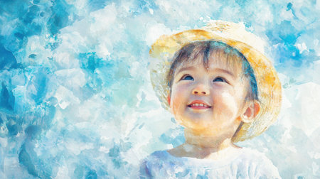 A joyful toddler with a straw hat gazes upwards, beaming with happiness on a bright sunny day. The colorful background enhances the cheerful atmosphere, radiating positivity.の素材