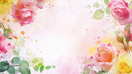 Colorful roses with soft petals surround a light, airy background filled with splashes of pastel hues, perfect for uplifting designs or invitations.の素材