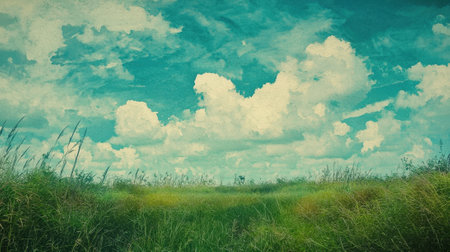 A serene landscape showcases an expansive green field dotted with tall grasses. Vibrant clouds drift across a bright blue sky, creating a tranquil outdoor setting.の素材