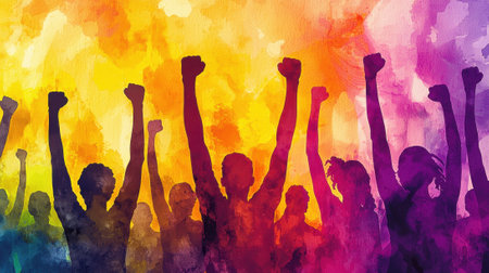 People raise their fists in solidarity, celebrating unity and activism during a colorful sunset in a park. The atmosphere is filled with energy and purpose as they come together.の素材