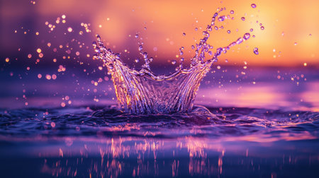A vibrant splash of water is created as a droplet falls into a calm pool, illuminated by the warm hues of a beautiful sunset in the background.の素材