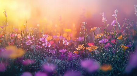 A breathtaking array of wildflowers in vibrant shades fills a serene meadow at dawn. Soft sunlight enhances the beauty of this tranquil natural setting.の素材