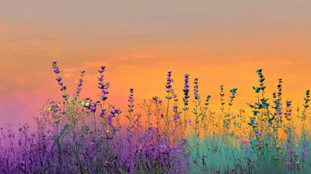 Fields filled with colorful wildflowers stand against a striking sunset sky, blending hues of orange, pink, and purple. The scene evokes tranquility and natural beauty.の素材