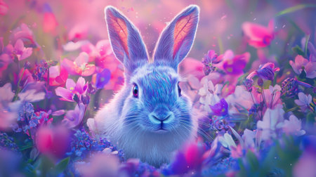 A fluffy rabbit with large ears sits surrounded by blooming flowers in shades of purple and pink. Soft light adds a magical glow to the serene spring atmosphere.の素材