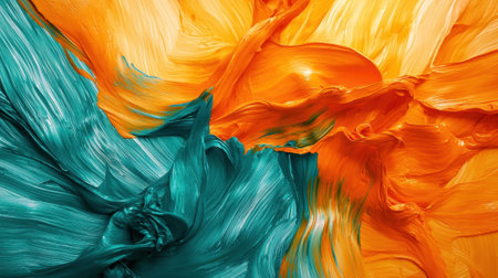 Bold strokes of teal and orange blend seamlessly on the canvas, showing a dynamic interaction of colors that evokes a sense of creativity and emotion.の素材