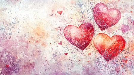 Three vibrant red hearts float above a dreamy pastel-colored background, expressing themes of love and passion. This artwork captures a romantic essence perfect for celebrations.の素材