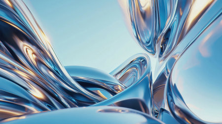 Swirling undulating forms in metallic silver and blue display captivating reflections under a clear, bright sky. The smooth surface creates an illusion of depth and motion, inviting exploration.の素材